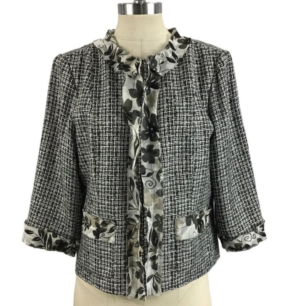 Coldwater Creek Petite Quarter Sleeve Black White Tweed Jacket Chiffon NEW 14P